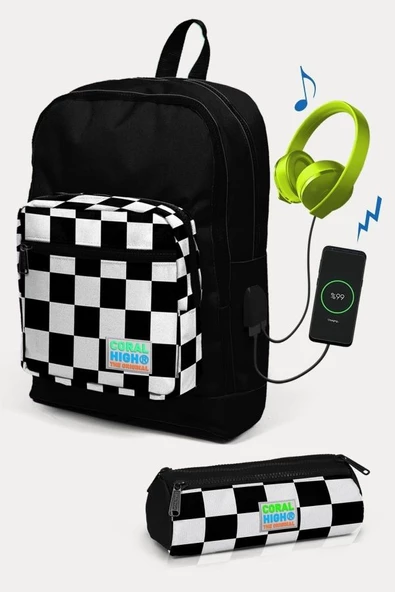 Coral High Kids Siyah Dama Desenli USB'li 2'li Okul Çanta Seti - Erkek Çocuk ürün görseli 1