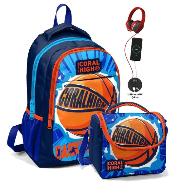 Coral High Erkek Çocuk Okul Çantası ve Beslenme Çantası Seti - Mavi Kırmızı Basketbol ürün görseli 1