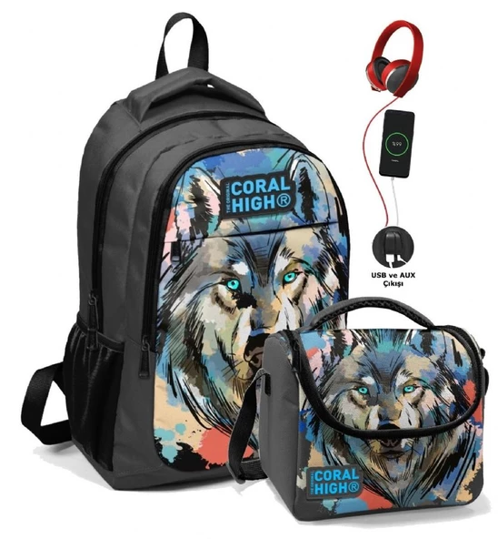 Coral High Erkek Çocuk Okul Çantası ve Beslenme Çantası Seti - Siyah Gri Kurt ürün görseli 1