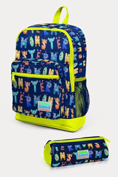 Coral High Kids Lacivert Neon Sarı Monster Desenli 2'li Okul Çanta Seti - Erkek Çocuk ürün görseli 1