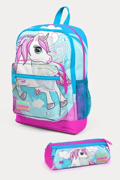 Coral High Kids Mavi Neon Pembe Unicorn Desenli 2'li Okul Çanta Seti - Kız Çocuk ürün görseli 1