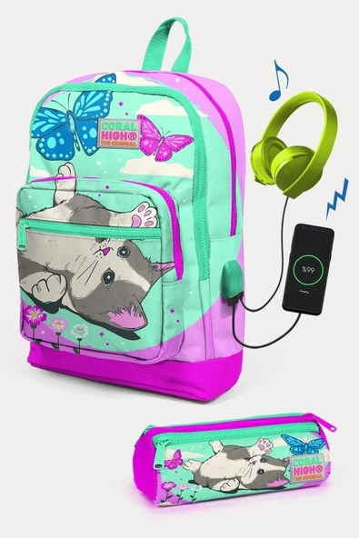 Coral High Kids Su Yeşili Pembe Kedi Desenli USB'li 2'li Okul Çanta Seti - Kız Çocuk ürün görseli 1