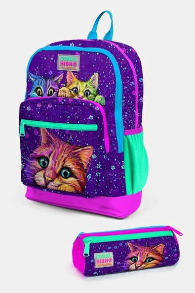 Coral High Kids Mor Pembe Kedi Desenli 2'li Okul Çanta Seti - Kız Çocuk ürün görseli 1
