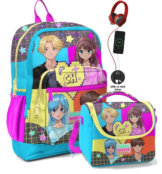 Coral High Okul Çantası ve Beslenme Çanta Seti - Usb Soketli Mavi Pembe Anime Kız Çocuk ürün görseli 1