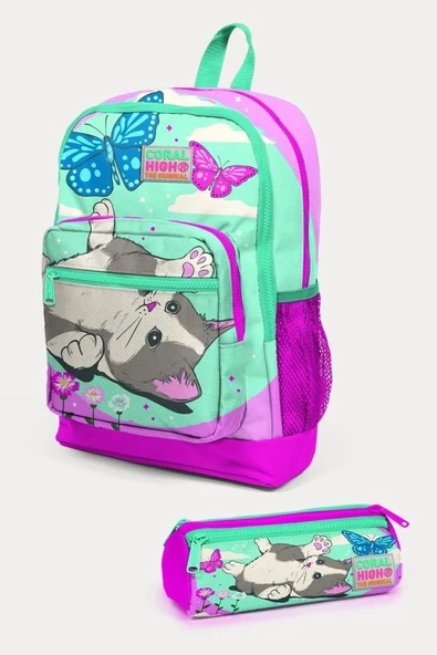 Coral High Su Yeşili Pembe Kedi Desenli 2'li Okul Çanta Seti - Kız Çocuk ürün görseli 1