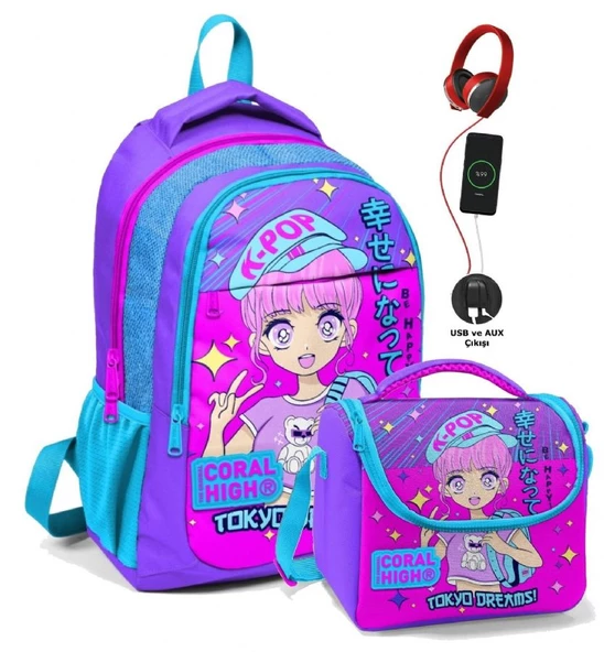 Coral High Kız Çocuk Okul Çantası ve Beslenme Çantası Seti - Pembe K-Pop ürün görseli 1