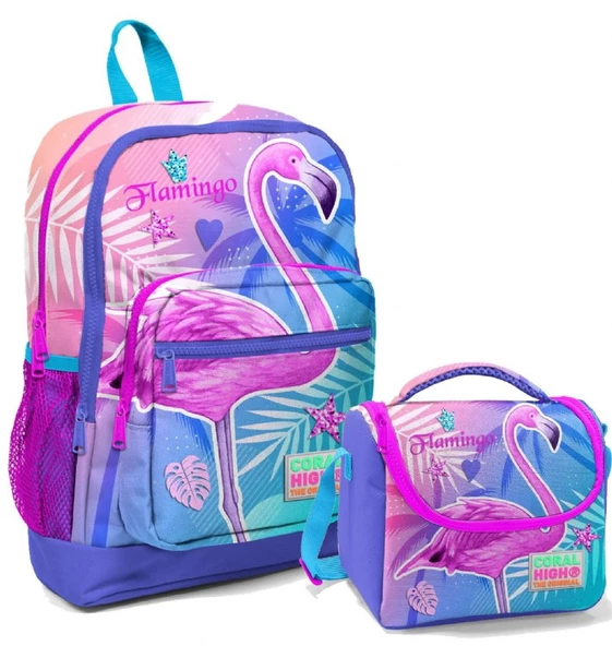 Coral High Pembe Mor Flamingo Kız Çocuk İlköğretim Okul Sırt Çantası ve Beslenme Çanta Seti ürün görseli 1