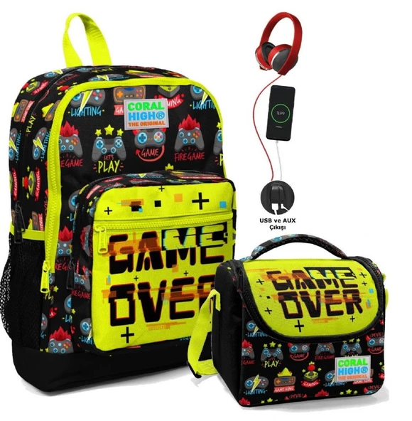 Coral High Okul Çantası ve Termal Beslenme Çanta Seti - Kız Çocuk Game Over USB ve AUX Çıkışlı ürün görseli 1