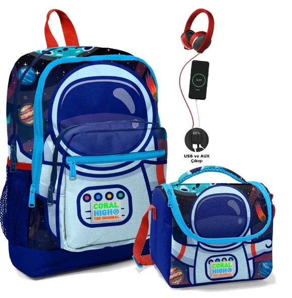 Coral High Okul Çantası ve Termal Beslenme Çanta Seti - Erkek Çocuk Mavi Astronot USB ve AUX Çıkışlı ürün görseli 1