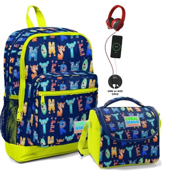 Coral High Okul Çantası ve Termal Beslenme Çanta Seti - Erkek Çocuk Sevimli Harfler USB ve AUX Çıkışlı ürün görseli 1