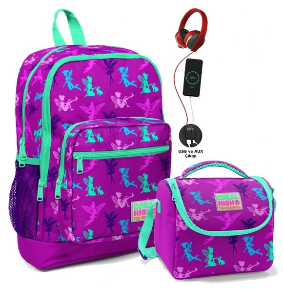 Coral High Okul Çantası ve Beslenme Çantası Seti - Kız Çocuk Mor Peri - USB Soketli ürün görseli 1