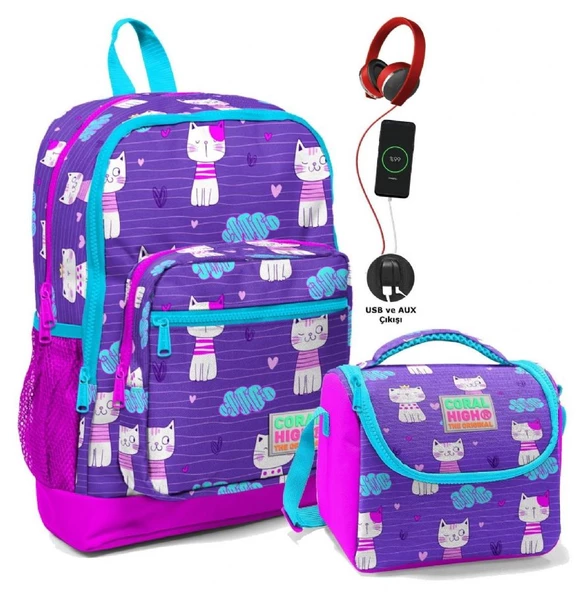 Coral High Kız Çocuk İlkokul Okul Çantası Seti Pembe Mor Kedi ürün görseli 1