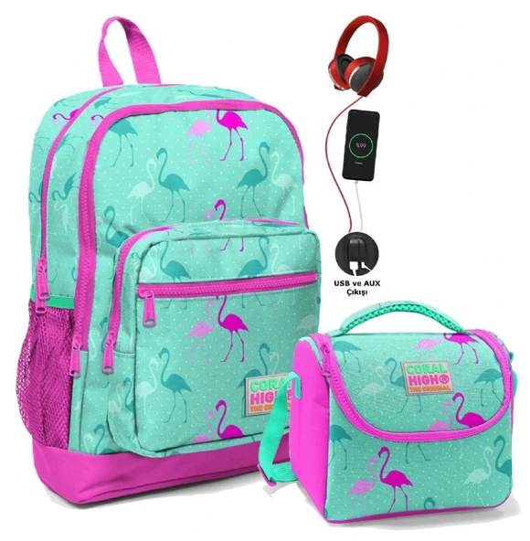 Coral High Okul Çantası ve Beslenme Çantası Seti - Kız Çocuk Yeşil Flamingo - USB Soketli ürün görseli 1