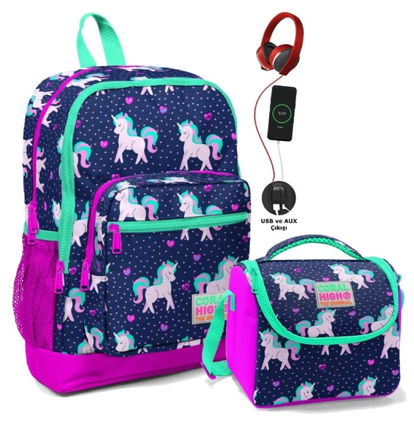 Coral High İlkokul Çanta Seti - USB ve AUX Çıkışlı Kız Çocuk Pembe Mavi Unicorn ürün görseli 1