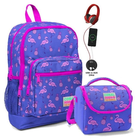 Coral High Okul Çantası ve Beslenme Çantası Seti - Kız Çocuk Mor Flamingo - USB Soketli ürün görseli 1