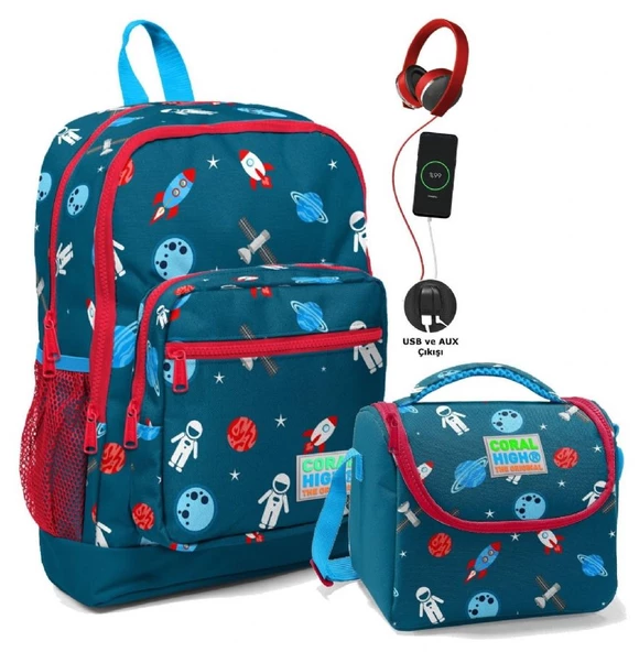 Coral High Okul Çantası ve Beslenme Çantası Seti - Erkek Çocuk Lacivert Mavi Astronot - USB Soketli ürün görseli 1