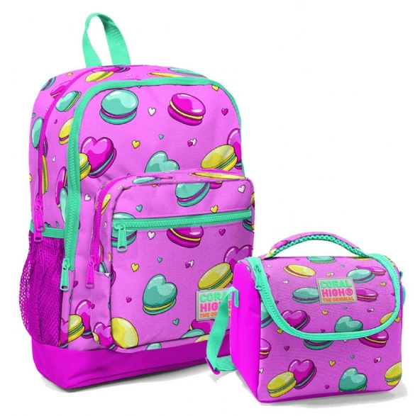 Coral High Pembe Makaron Kız Çocuk İlköğretim Okul Sırt Çantası ve Beslenme Çanta Seti ürün görseli 1