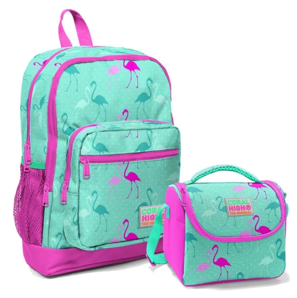 Coral High Dört Bölmeli Okul Sırt Çantası & Beslenme Çantası - Pembe Yeşil Flamingo Kız Çocuk ürün görseli 1