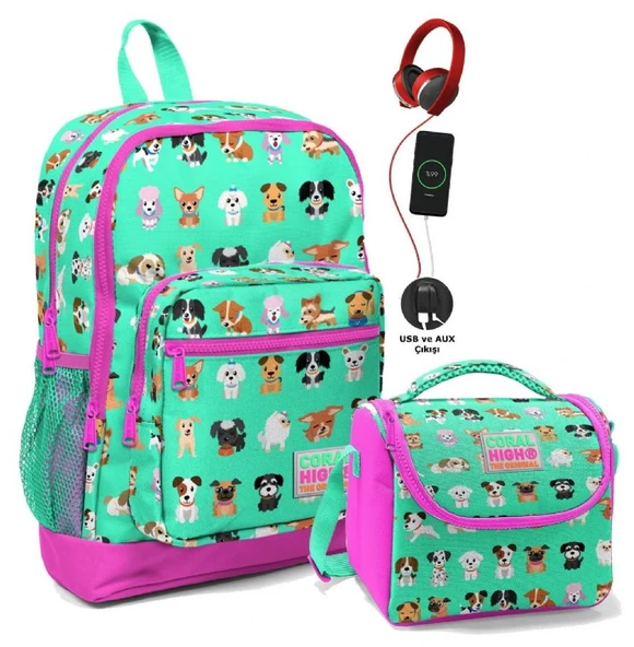 Coral High Okul Çantası ve Beslenme Çantası Seti - Kız Çocuk Yeşil Pembe Köpek - USB Soketli ürün görseli 1