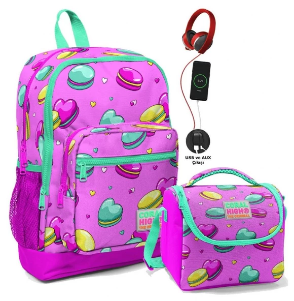 Coral High Okul Çantası ve Beslenme Çantası Seti - Kız Çocuk Pembe Makaron - USB Soketli ürün görseli 1