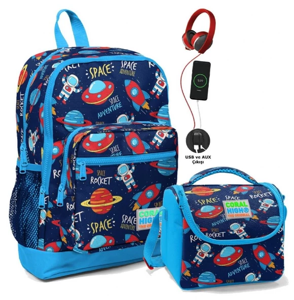 Coral High Okul Çantası ve Beslenme Çantası Seti - Erkek Çocuk Mavi Lacivert Uzay - USB Soketli ürün görseli 1