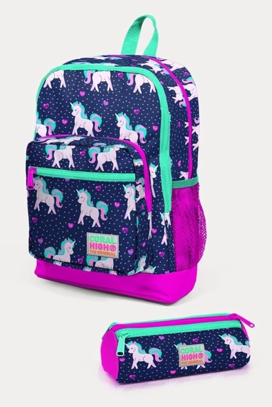 Coral High Kids Lacivert Pembe Unicorn Desenli 2'li Okul Çanta Seti - Kız Çocuk ürün görseli 1