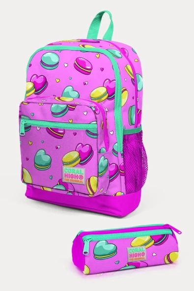 Coral High Kids Açık Pembe Su Yeşili Makaron Desenli 2'li Okul Çanta Seti - Kız Çocuk ürün görseli 1