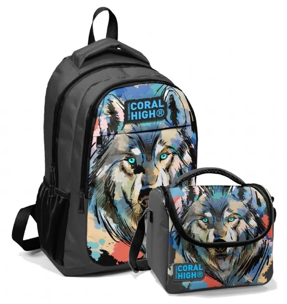 Coral High Erkek Çocuk Okul Sırt ve Beslenme Çantası Seti Siyah Kurt ürün görseli 1