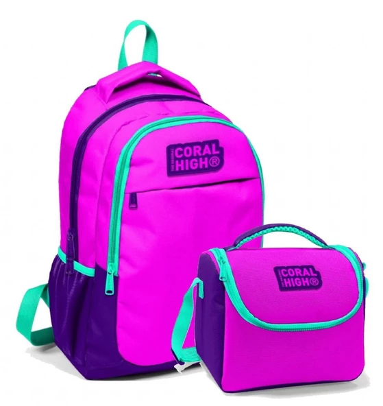 Coral High Pembe Mor Kız Çocuk Sırt Çantası ve Beslenme Seti ürün görseli 1