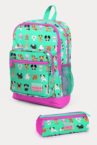 Coral High Kids Su Yeşili Neon Pembe Köpek Desenli 2'li Okul Çanta Seti - Kız Çocuk ürün görseli 1