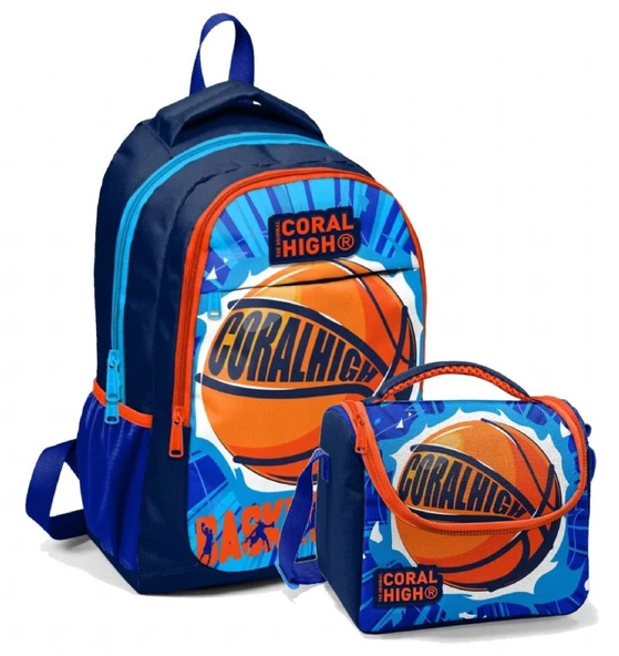Coral High Erkek Çocuk Okul Sırt ve Beslenme Çantası Seti Lacivert Turuncu Basketbol ürün görseli 1
