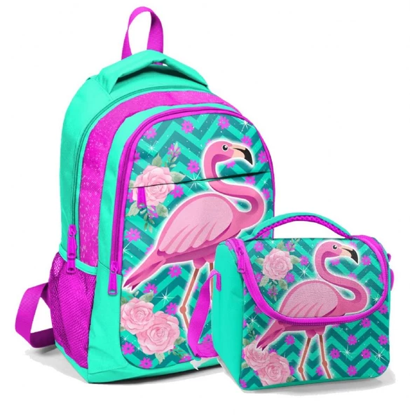 Coral High Okul Sırt Çantası ve Beslenme Çantası Kız Çocuk Yeşil Flamingo ürün görseli 1