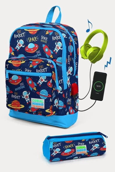 Coral High Kids Lacivert Mavi Uzay Desenli USB'li 2'li Okul Çanta Seti - Erkek Çocuk ürün görseli 1