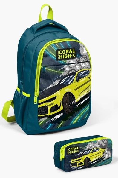 Coral High Kids Nefti Fosforlu Sarı Araba Desenli 2'li Okul Çanta Seti - Erkek Çocuk ürün görseli 1