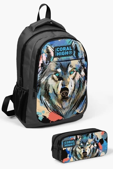Coral High Kids Gri Siyah Kurt Desenli 2'li Okul Çanta Seti - Erkek Çocuk ürün görseli 1