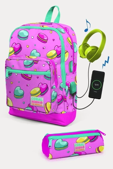 Coral High Kids Açık Pembe Su Yeşili Makaron Desenli USB'li 2'li Okul Çanta Seti - Kız Çocuk ürün görseli 1