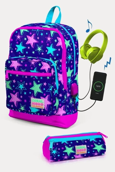 Coral High Kids Saks Pembe Yıldız Desenli USB'li 2'li Okul Çanta Seti - Kız Çocuk ürün görseli 1