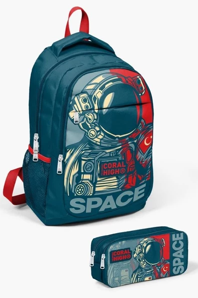 Coral High Kids Çivit Kırmızı Astronot Desenli 2'li Okul Çanta Seti - Erkek Çocuk ürün görseli 1