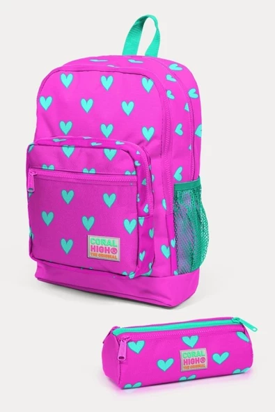 Coral High Kids Neon Pembe Su Yeşili Kalp Desenli 2'li Okul Çanta Seti - Kız Çocuk ürün görseli 1