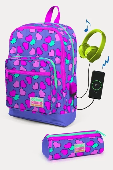 Coral High Kids Lavanta Pembe Kalp Desenli USB'li 2'li Okul Çanta Seti - Kız Çocuk ürün görseli 1