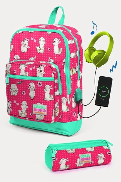 Coral High Kids Neon Mercan Su Yeşili Alpaka Desenli USB'li 2'li Okul Çanta Seti - Kız Çocuk ürün görseli 1