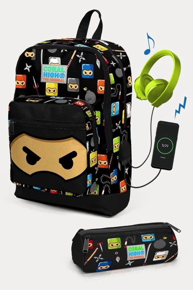 Coral High Kids Siyah Ninja Desenli USB'li 2'li Okul Çanta Seti - Erkek Çocuk ürün görseli 1