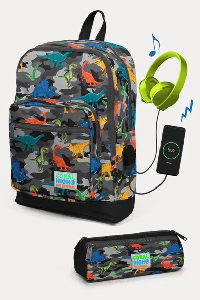 Coral High Kids Koyu Gri Siyah Kamuflaj Dinozor Desenli USB'li 2'li Okul Çanta Seti - Erkek Çocuk ürün görseli 1