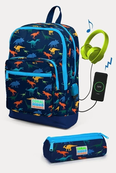 Coral High CoCoral High Kids Lacivert Dinazor Desenli USB'li 2'li Okul Çanta Seti - Erkek Çocuk ürün görseli 1