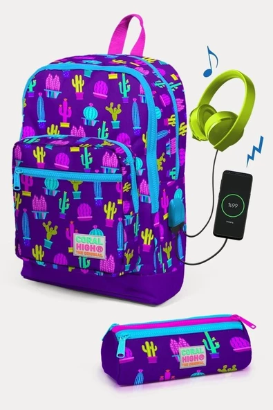 Coral High Kids Mor Pembe Kaktüs Desenli USB'li 2'li Okul Çanta Seti - Kız Çocuk ürün görseli 1