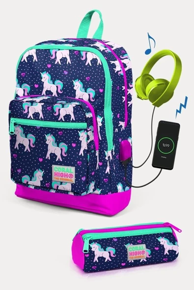 Coral High Kids Lacivert Pembe Unicorn Desenli USB'li 2'li Okul Çanta Seti - Kız Çocuk ürün görseli 1