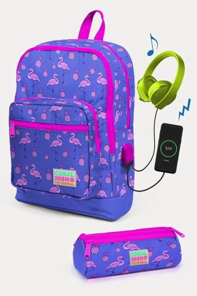 Coral High Kids Lavanta Pembe Flamingo Desenli USB'li 2'li Okul Çanta Seti - Kız Çocuk ürün görseli 1