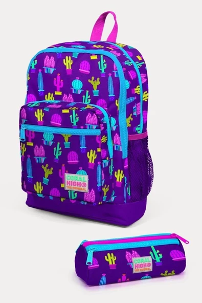 Coral High Kids Mor Pembe Kaktüs Desenli 2'li Okul Çanta Seti - Kız Çocuk ürün görseli 1