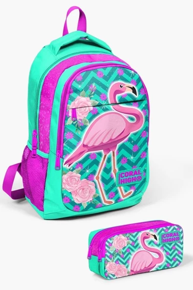 Coral High Kids Su Yeşili Pembe Simli Flamingo Desenli 2'li Okul Çanta Seti - Kız Çocuk ürün görseli 1