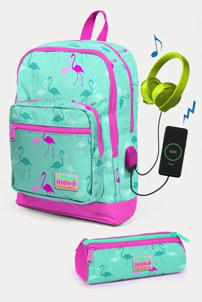 Coral High Kids Su Yeşili Neon Pembe Flamingo Desenli USB'li 2'li Okul Çanta Seti - Kız Çocuk ürün görseli 1